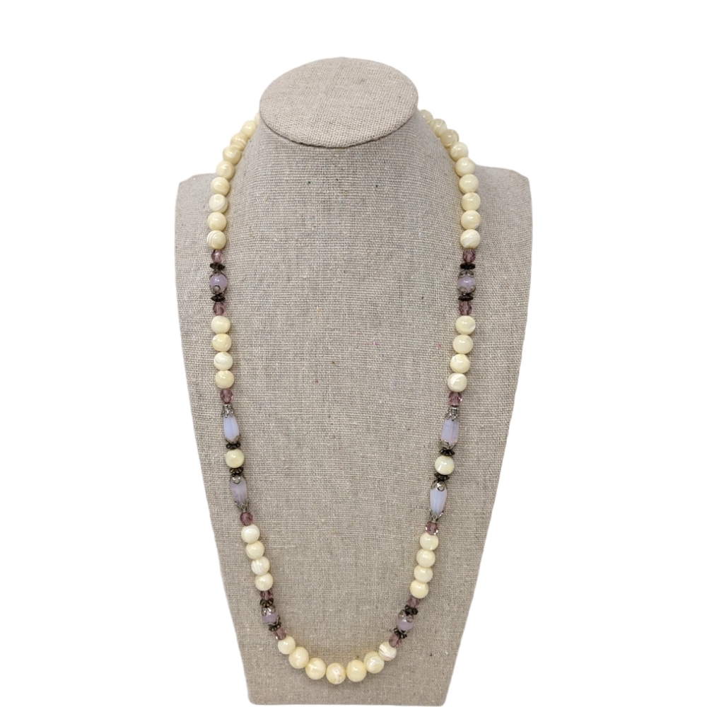 1928 Beaded Necklace Cream Lavender Pink Silver Tone